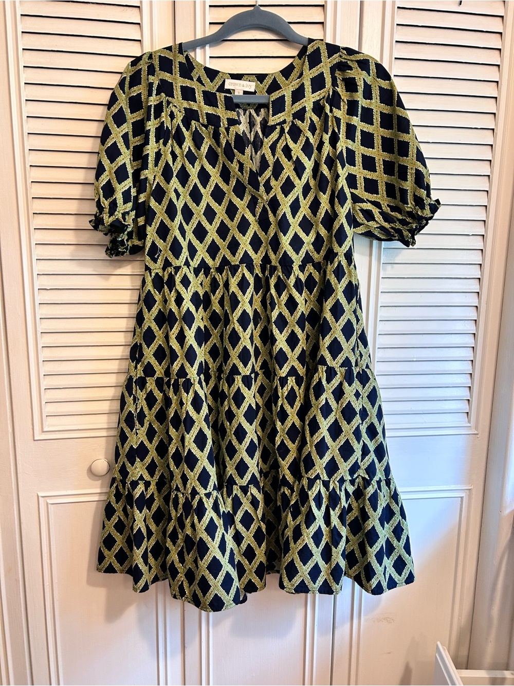 crown & ivy Navy, Green, Gold and white Lattice Tiered Midi Dress